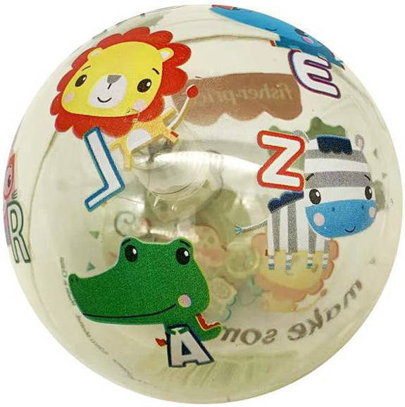 Fisher-Price Children's Flash Ball 12-pack display showing colorful plastic balls with flashing lights and playful designs.