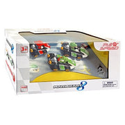 Carrera Pull 'N Speed Mario Kart triple pack featuring colorful Mario, Luigi, and Peach race cars with detailed designs.