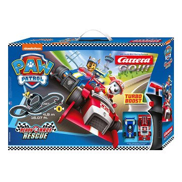 Carrera GO!!! Race Track set featuring PAW Patrol Ready Race Rescue toy with colorful racing track and rescue vehicles.