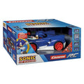 Close-up of the Carrera RC Sonic Racer toy car showing its sleek design and vibrant blue and black color scheme.