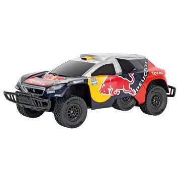 Detail of Carrera RC Red Bull Peugeot 08 DKR 16 toy car with red and black racing design and detailed exterior features.