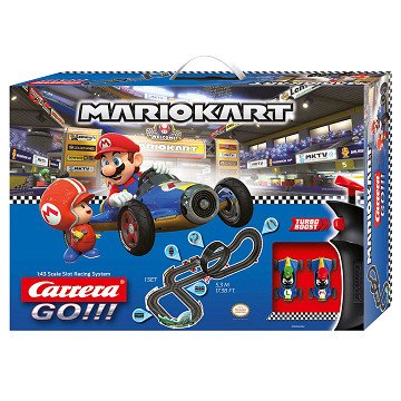 Carrera GO! Nintendo Mario Kart Mach8 slot car track detail with colorful track pieces and Mario-themed racing elements.