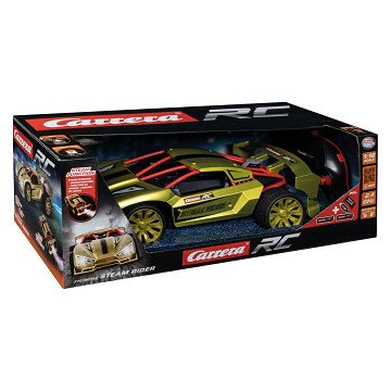 Carrera RC Steam Rider toy vehicle with detailed red and black design, featuring realistic steam engine elements and remote control features.