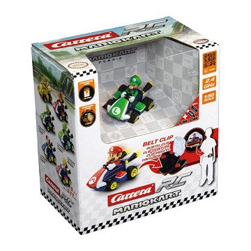 Carrera RC remote control toy vehicle featuring Mini Luigi character from popular video game, detailed and colorful for kids.