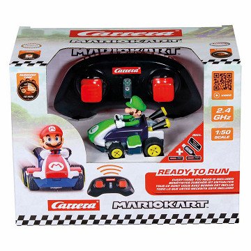 Carrera Mini RC Mario Kart Luigi toy car with detailed design, remote control, and vibrant colors, suitable for kids and collectors.
