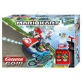 Carrera GO!!! Mario Kart racetrack toy with colorful track pieces and Mario Kart-themed cars on a detailed race layout.