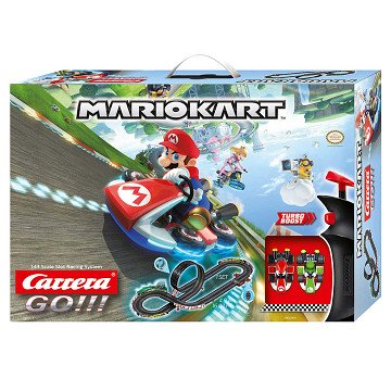 Carrera GO!!! Mario Kart racetrack toy with colorful track pieces and Mario Kart-themed cars on a detailed race layout.