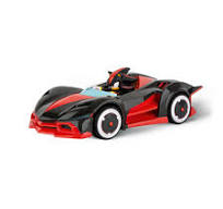 Carrera RC Sonic Racer Team Dark remote control car on a race track with blue and black design details.