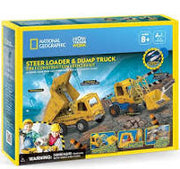 National Geographic 3D puzzle featuring a mini loader and dumper toy, showcasing detailed construction and vibrant colors.