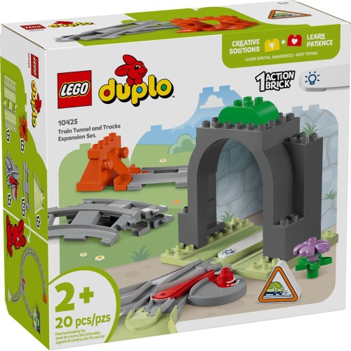 LEGO Duplo train tunnel and tracks expansion set 10425 with colorful plastic tunnel, track pieces, and train cars for young children.