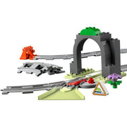 LEGO Duplo train tunnel and tracks expansion set 10425 with colorful tunnel piece and connecting train tracks for young children.