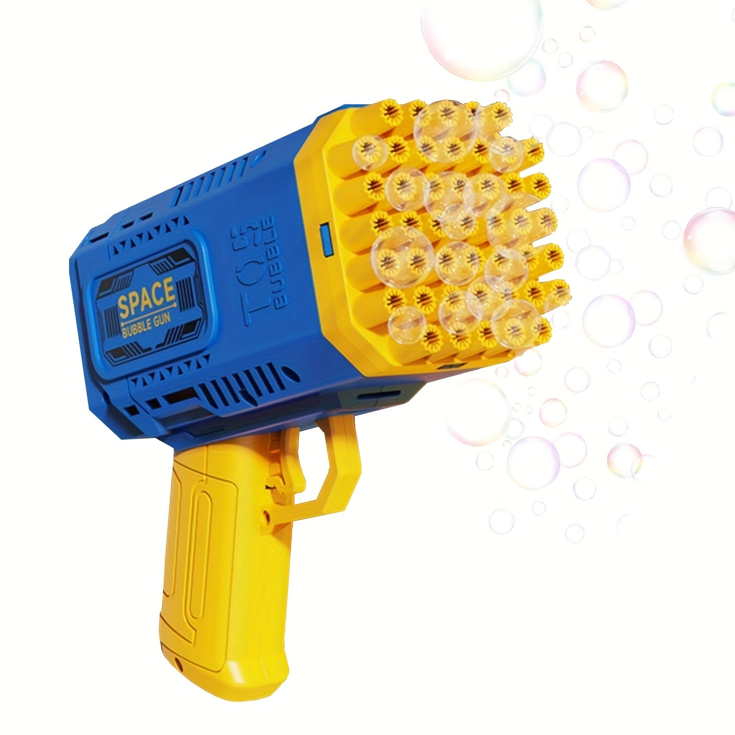 Portable automatic bubble gun with 45 holes, handheld bubble machine producing colorful bubbles for outdoor fun.
