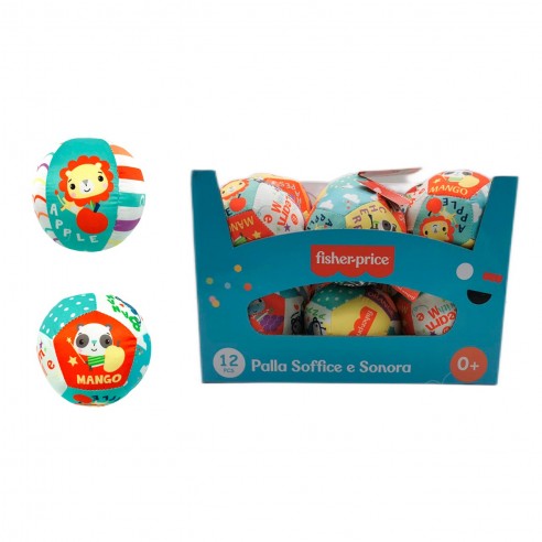 Fisher-Price baby plush rattle balls, 10cm, assorted colors and models, 12-piece display for infants' sensory play.