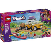 LEGO Friends hip road-trip travel car set 42659 with colorful car, travel accessories, and mini-figures on a scenic background.