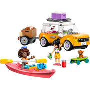 LEGO Friends hip road-trip travel car set 42659 with colorful car, travel accessories, and mini-figures on a scenic background.