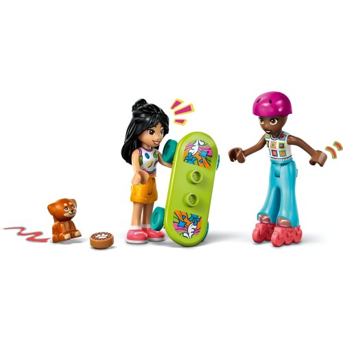 Lego Friends hip road-trip travel car model 42659 with colorful LEGO figures and detailed vehicle design on a white background.