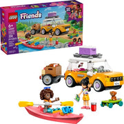 LEGO Friends hip road-trip travel car set 42659 with colorful car, travel accessories, and mini-figures on a scenic background.