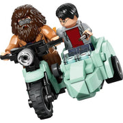 LEGO Harry Potter Hagrid and Harry escaping Privet Drive scene with detailed minifigures and brick-built background.