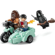 LEGO Harry Potter Hagrid and Harry escaping Privet Drive scene with detailed minifigures and brick-built background.
