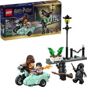 LEGO Harry Potter Hagrid and Harry escaping Privet Drive scene with detailed minifigures and brick-built background.