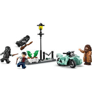 LEGO Harry Potter Hagrid and Harry escaping Privet Drive scene with detailed minifigures and brick-built background.