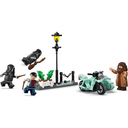 LEGO Harry Potter Hagrid and Harry's Privet Drive Escape set featuring mini-figures and detailed scene from the Harry Potter series.