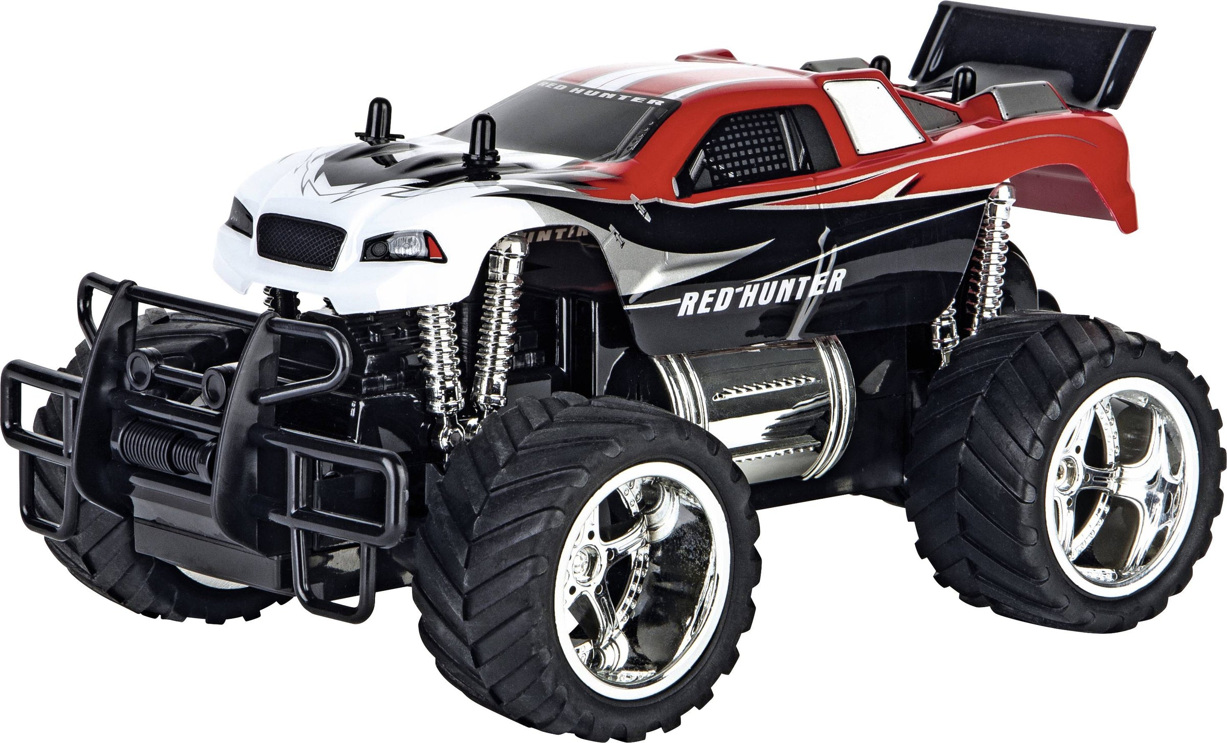 Red Carrera RC Hunter X 1:18 scale remote control toy car on a smooth surface.