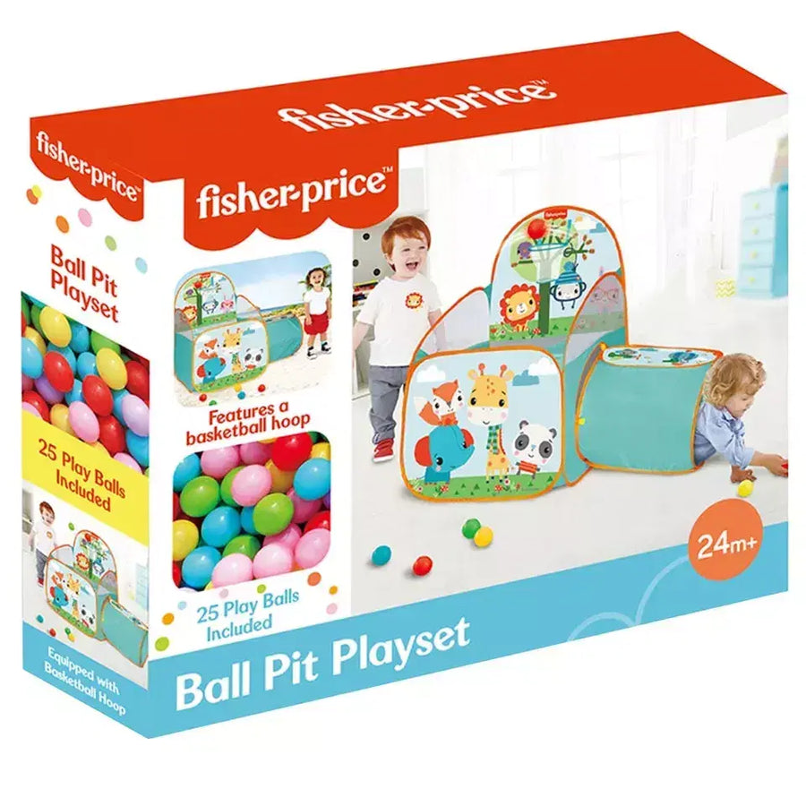 Fisher Price ball pit playset with colorful tunnel and 25 plastic balls for toddler indoor play and fun.