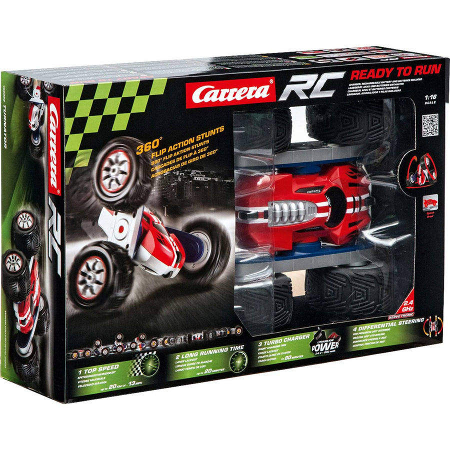 Carrera R/C Turnator 1:16 remote control toy car on a smooth surface, showcasing its sleek design and vibrant colors.