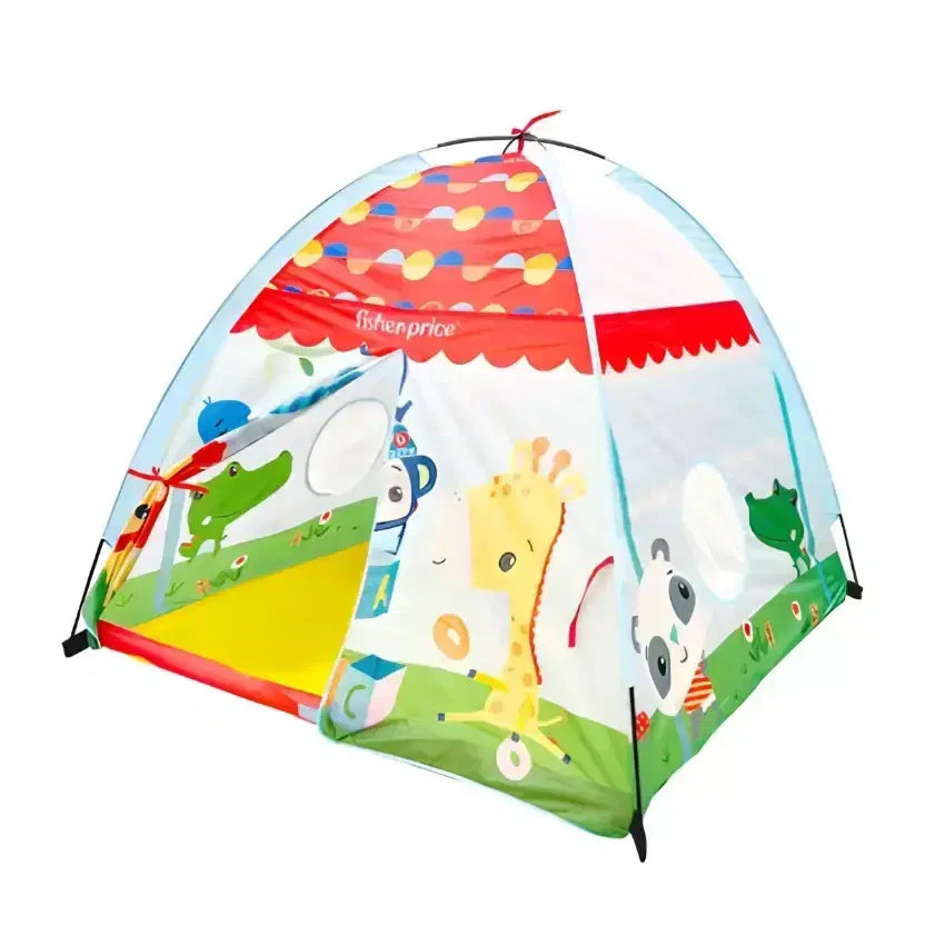 Fisher-Price The Forest Of Flashy Play Tent set up indoors with colorful fabric walls and a mesh window for imaginative play.