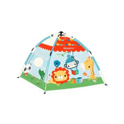 Fisher-Price Forest of Flashy Play Tent set up with colorful fabric walls and mesh windows, ideal for children's indoor play.