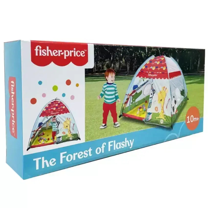Fisher-Price Forest of Flashy Play Tent set up with colorful fabric walls and mesh windows, ideal for children's indoor play.