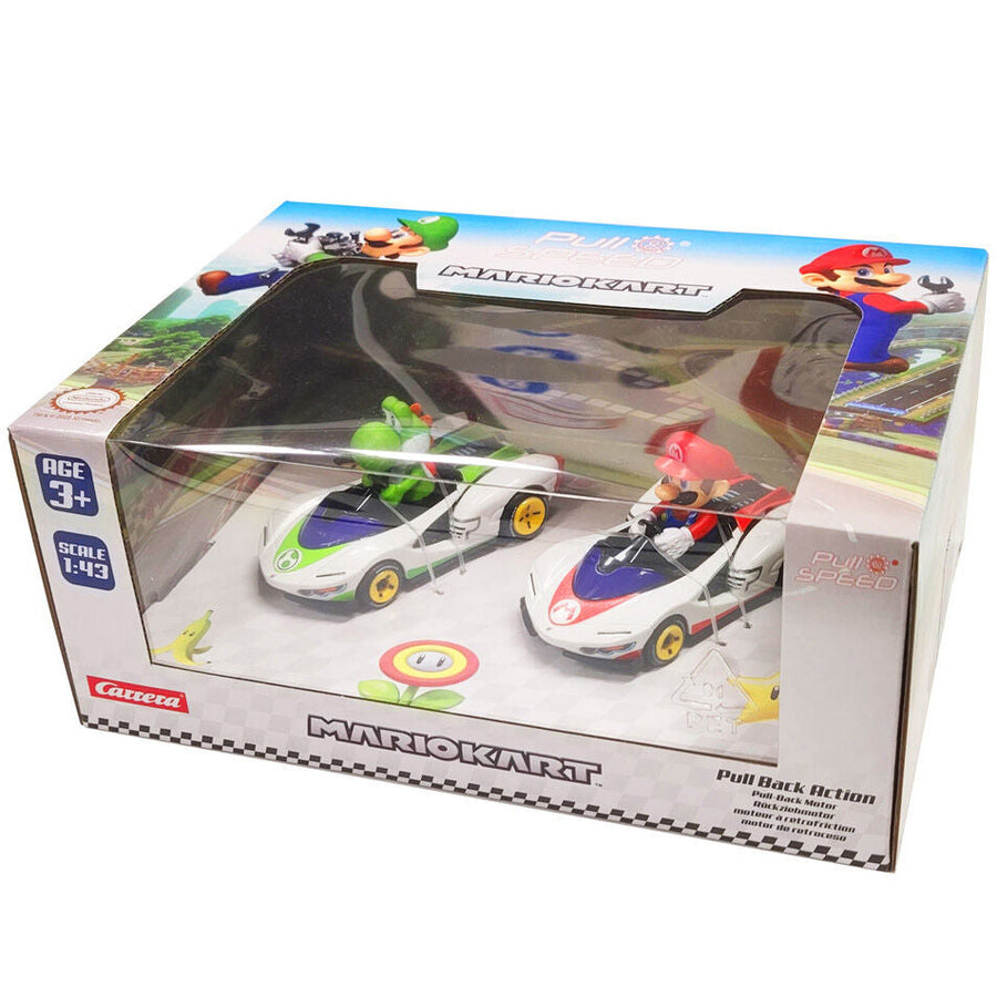 Carrera Pull N Speed Mario Kart P-Wing Twinpack toy set featuring colorful Mario Kart race cars on a track.