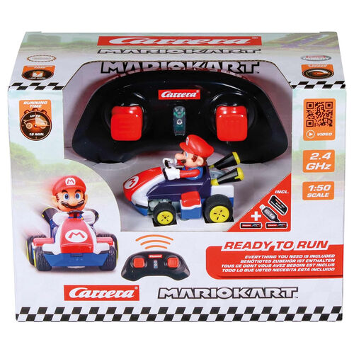 Carrera Mini RC Mario Kart toy car with vibrant red and yellow design, remote control, and Mario Kart branding.