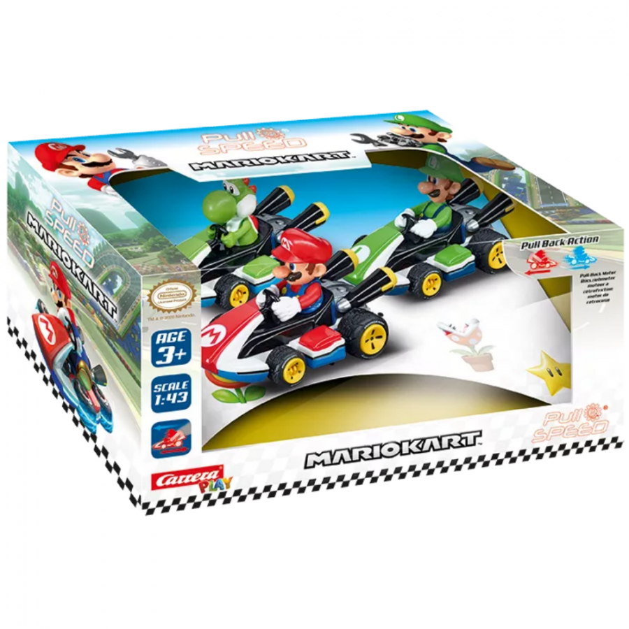 Carrera Pull 'n Speed Mario Kart triple pack featuring three colorful Mario-themed race car toy figures.