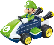 Carrera RC Mario Kart tabletop racing set featuring Mario and Luigi toy cars on a colorful track with detailed character figures.
