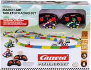 Carrera RC Mario Kart tabletop racing set featuring Mario and Luigi toy cars on a colorful track with detailed character figures.