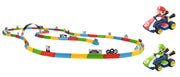 Carrera RC Mario Kart tabletop racing set featuring Mario and Luigi toy cars on a colorful track with detailed character figures.