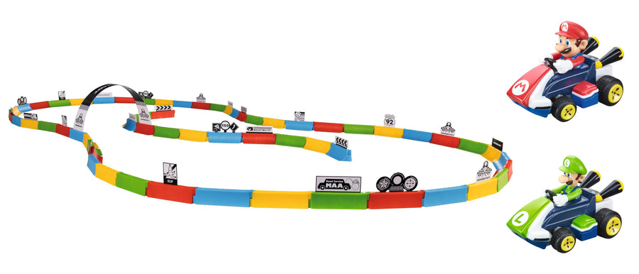 Carrera RC Mario Kart tabletop racing set featuring Mario and Luigi toy figures on a colorful racing track.