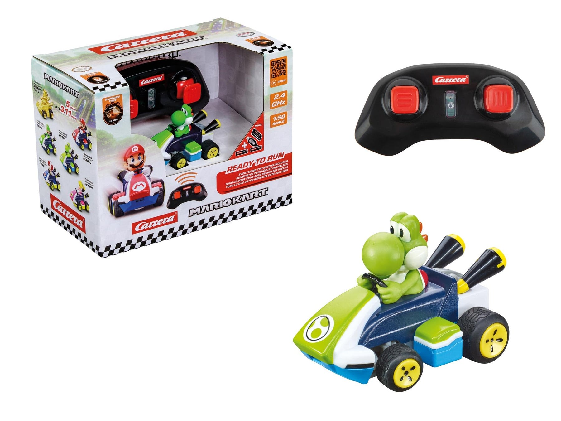Carrera Mario Kart Mini RC toy featuring Yoshi character with remote control and colorful design, perfect for kids' play.