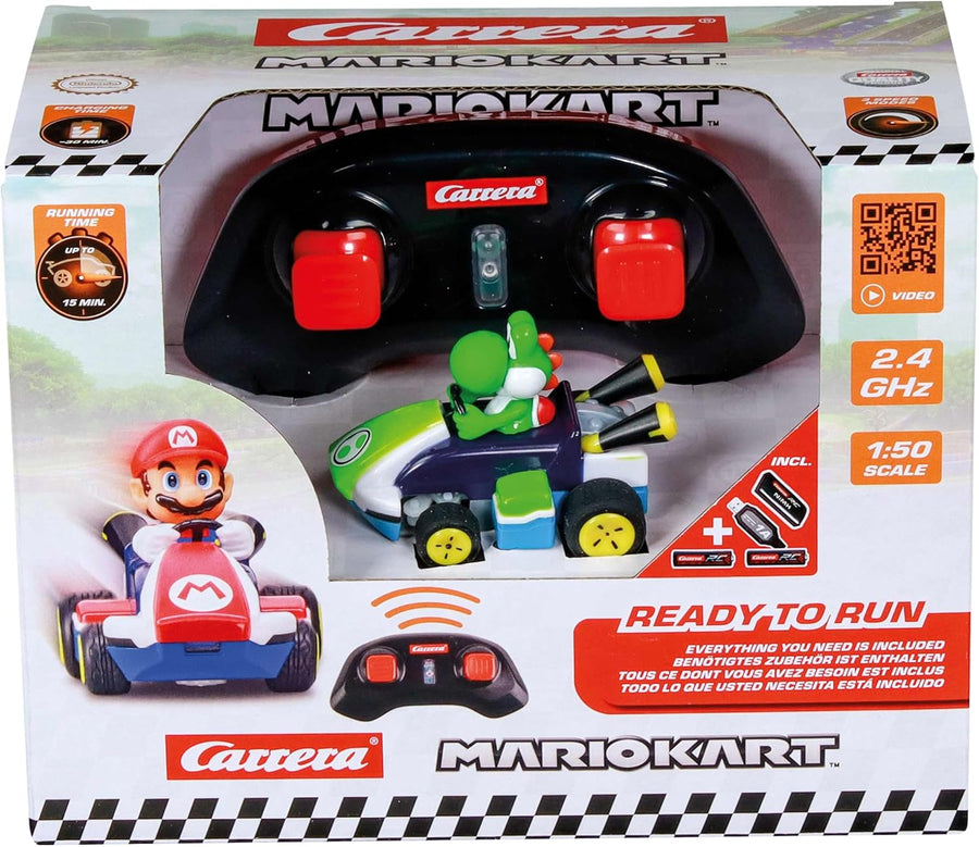Carrera Mario Kart(TM) Yoshi Mini RC toy car with Yoshi character design and vibrant green color on a white background.