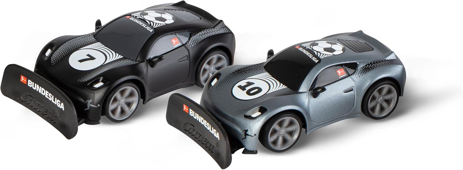 Carrera RC 24GHz Bundesliga soccer set with remote-controlled toy cars and soccer accessories for kids.