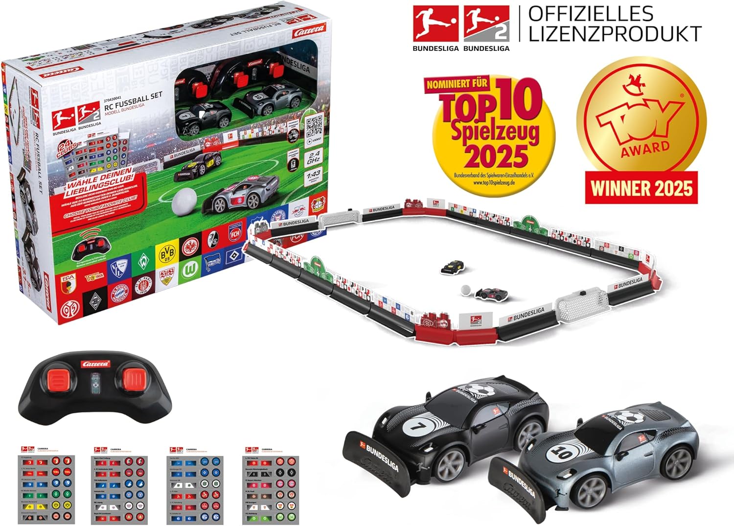 Carrera RC 24GHz Bundesliga soccer set toys, includes remote-controlled cars themed with Bundesliga soccer team graphics.