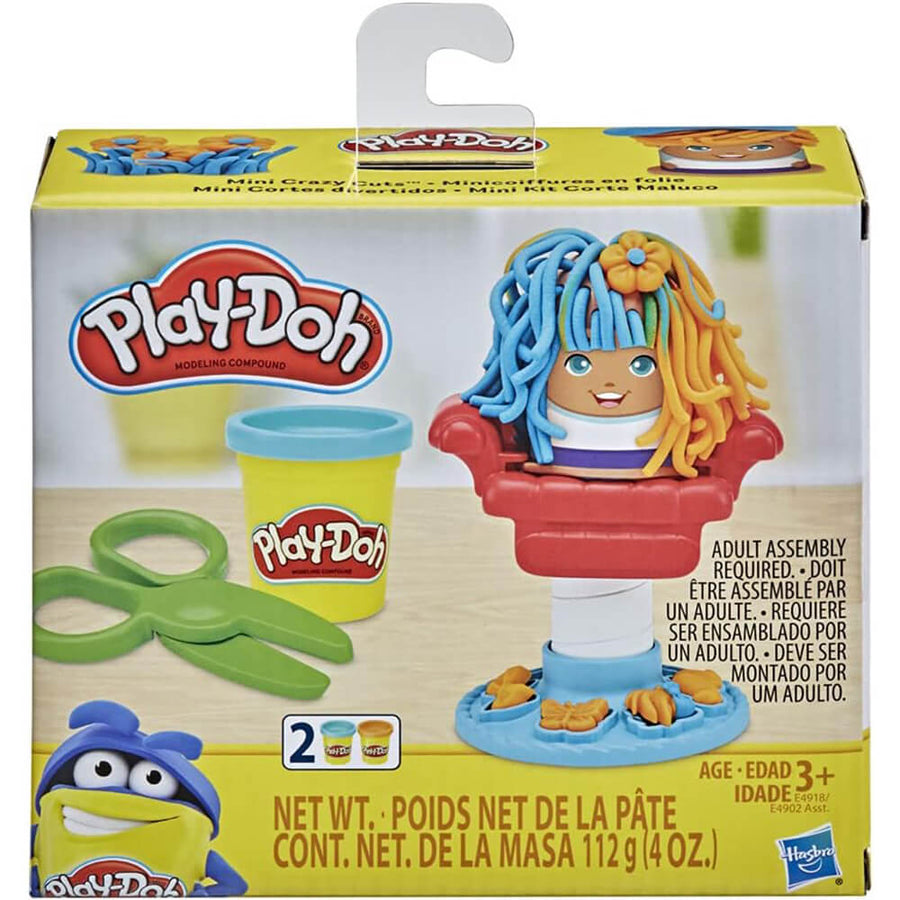 Play-Doh Mini Classics Crazy Cuts Boy Set in barbershop packaging, arts and crafts toy by Hasbro with colorful Play-Doh containers