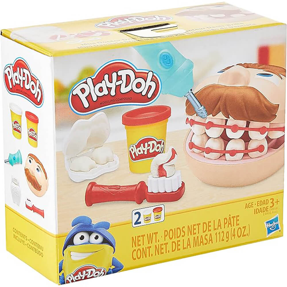 Play-Doh Mini Doctor Drill 'n Fill Dentist Set by Hasbro, featuring colorful dental tools and Play-Doh containers in packaging.