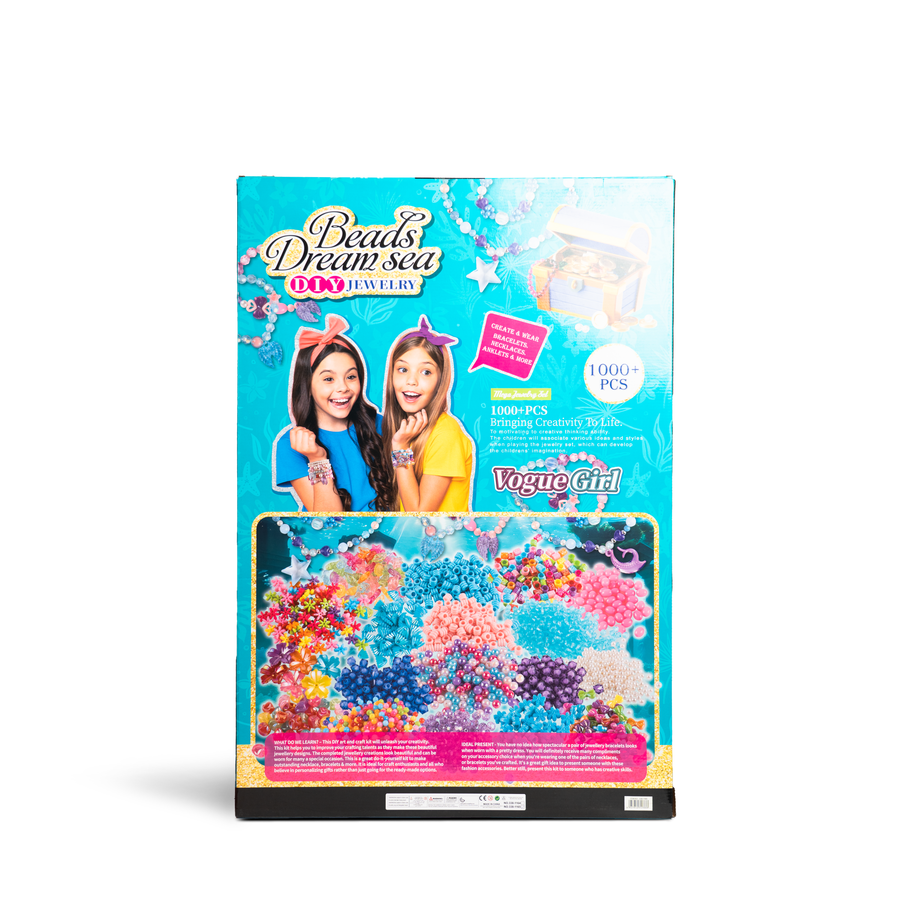 Back view of the DIY Mermaid Beads Set with 1000 colorful beads for kids' craft toys, showcasing various sizes and vibrant colors.