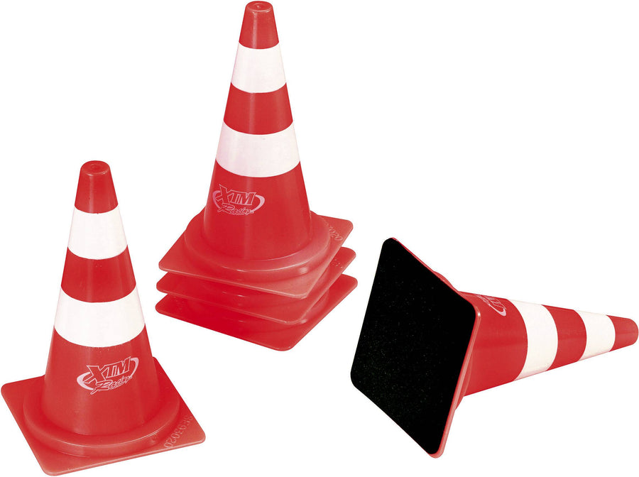Set of five Carrera RC Red Hunter race posts, 1:18 scale, with red and white design, used as track markers for remote control car racing.