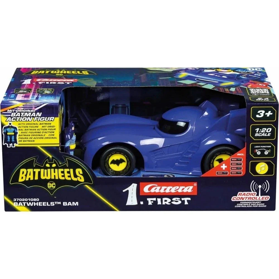 Carrera RC Batwheels Bam toy car with Batman design, detailed plastic body, and remote control features for kids' playtime.