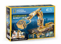 National Geographic hydraulic robot arm toy showing its mechanical joints and hydraulic cylinders for educational play.