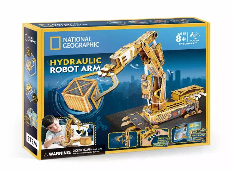 National Geographic hydraulic robot arm toy showing its mechanical joints and hydraulic cylinders for educational play.
